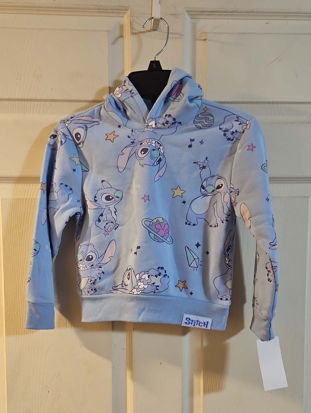 DISNEY STITCH HOODIE: LIGHT BLUE/ALL OVER PRINT: NEW WITH TAGS: SIZE XS (4/5)